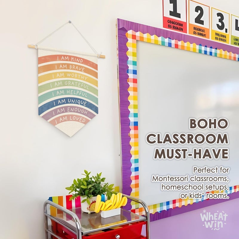 Wheatwin Boho Rainbow Classroom Decor, I Am Kind Brave Positive Affirmations Wall Hanging Pennant Flag Banner, Boho Inspirational Wall Decor for Kids Nursery Toddler Bedroom Classroom 15x11 Inch - Image 4